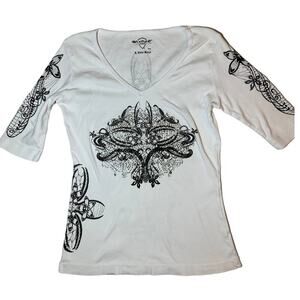 Sledge Woman's Y2K White 3/4 Sleeve Jeweled Top V-neck Size Petite Medium